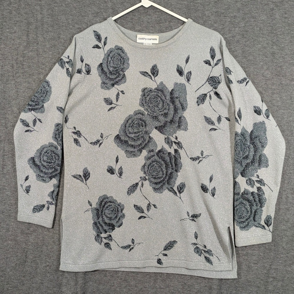 Cathy Daniels Silver Metallic Floral Rose Knit Sweater Crew Neck Size Medium